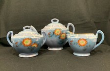 Vintage Lusterware Tea Set Blue and Peach Hand Painted Floral Made In Japan