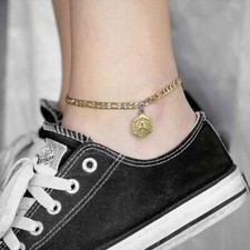 5mm Gold Plated Womens Figaro Link Foot Chain 26 Initial Letter A-Z Charm Anklet