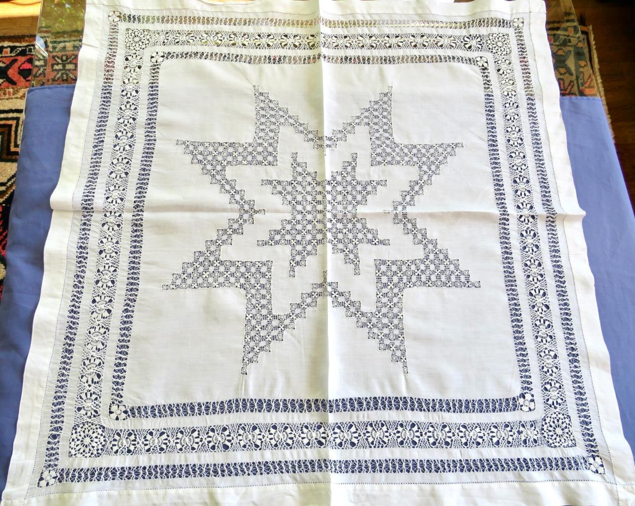 Antiguo mantel de té de lino blanco fino encaje Tenerife 8 puntos estrella Topper