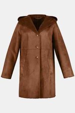 Ulla Popken Hooded Mid Length Coat In Faux Fur Lined Suede Sheepskin 46/48 Xxxl