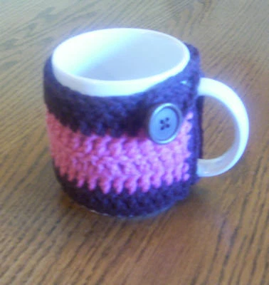 Hand Crochet Brown & Mauve Buttoned Coffee Mug Cozy - Image 1 of 3