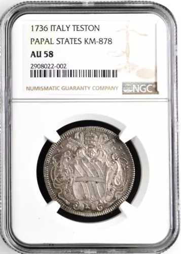 1736 Italian Papal States Testone, NGC AU 58, KM-878, 30 Baiocchi, Italy