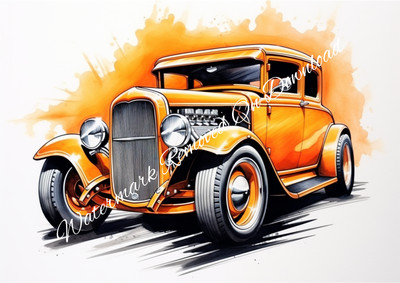 Orange Hot Rod in Aquarelloptik. Wandbild Digitaldruck zum Herunterladen. #EBV6