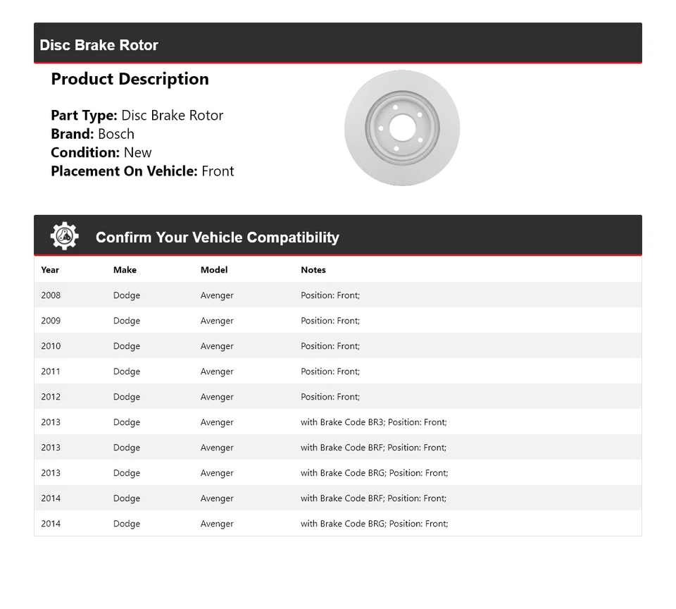 Для 2008-2014 Dodge Avenger Bosch тихий литой дисковый тормоз ротор передний 2009 2010 - Изображение 2 из 4