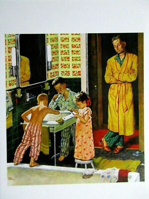 Norman Rockwell Postcard - BRUSHING THEIR TEETH Saturday Evening Post Cover 1955