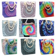 Large Print Shopper Bags Rope Handle Zip Tote Shopping Travel Beach Shoulder Bag