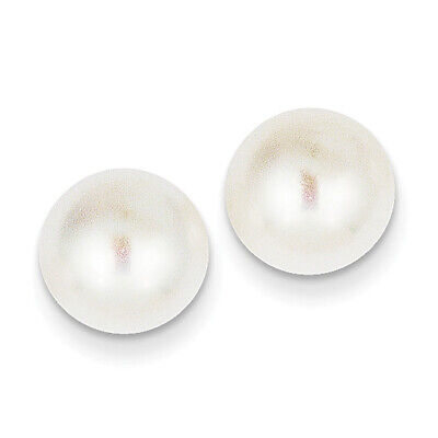 Solid 14k Yellow Gold 10-11mm White Button FW Cultured Pearl Stud Earrings 