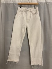 Zara Women’s White Jeans UK 10 EU 38 Frayed Hem Button Fly Closure Denim Ankle