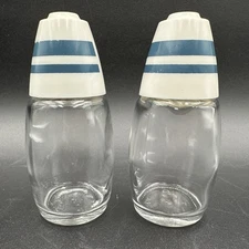 Vintage Corelle Gemco Glass Salt & Pepper Shakers Blue Stripe Plastic Tops
