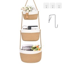 Over the Door Hanging Storage Basket, Cotton Rope Woven 3-Tier Wall Baskets