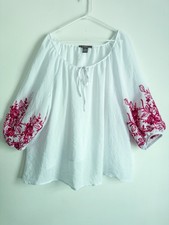 Blusa campesina blanca para mujer rosa bordado floral 3X Boho Cottage Coastal