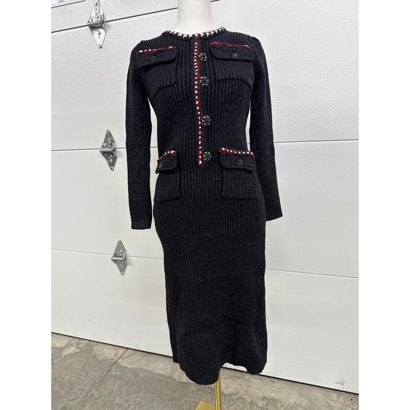 New Self-Portrait Lurex Black with red & white weave Sweater Midi Dress Size 12
