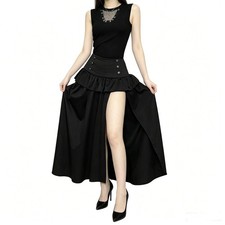 Women's Gothic High Waist Ruffle Maxi Skirt, High Slit Corset Waist Long Skirt