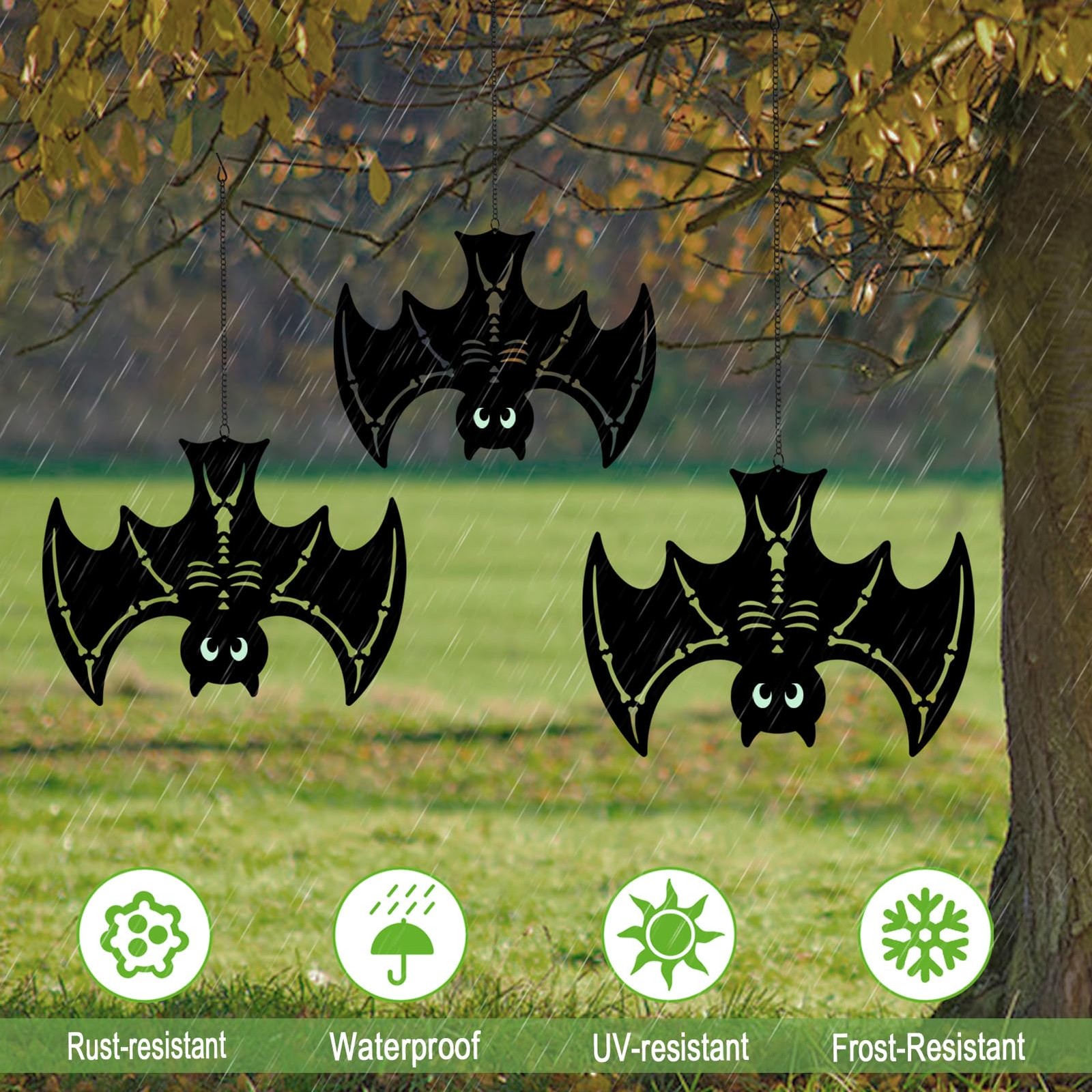Halloween Decorations Outdoor,3 Pack Metal Hanging Bat with Glowing ...