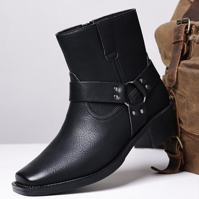Men's Western Biker Boots - Square Toe, Stud Detail, PU Leather, Rubber Sole