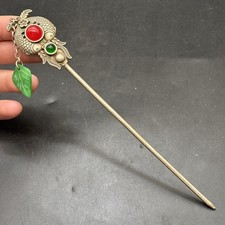 Vintage Copper Silver Plated Double Fish Hair Pin 17cm Ethnic Style