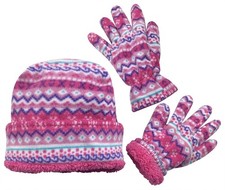 N'Ice Caps Girls Hat Gloves Set Kids Fleece Winter Warm Sherpa Lined Fair Isle