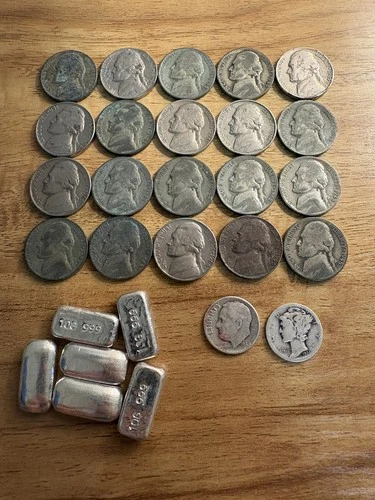 5.7 OZ MIXED SILVER LOT - 10 GRAM Bars - SILVER NICKELS, DIMES - VARIOUS