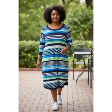 Vince Camuto Striped Sheath Dress Size 14 Blue Green Geometric 3/4 Sleeve Career