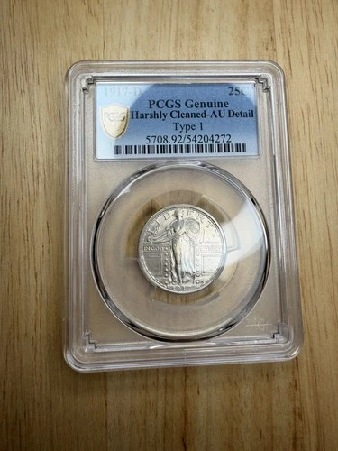 1917-d Standing Liberty Type 1 AU Details Harshly Cleaned