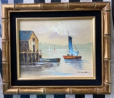 Mid-Century Vintage Original Oil Painting Coastal Art Boat Framed Signed STEVEN