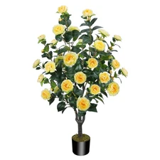 3.6FT Artificial Camellia Fake Tree, Artificial Plants & Flowers with 32 Yell...