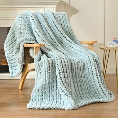 Chunky Knit Blanket Throw 40''x50'', 100% Hand Knitted Chenille Throw Blanket, ...