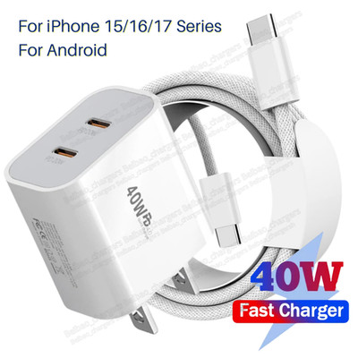 40W Dual USB-C Fast Charger Block PD Type-C Cable For iPhone 15 16 Plus Pro Max