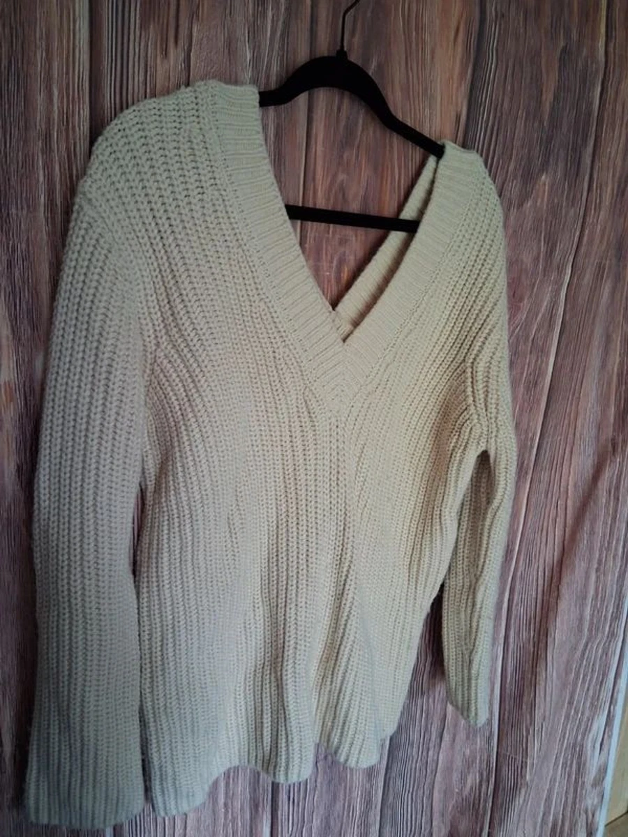 Zara Cream Knit Chunky Deep V-Neck Long Sleeve Oversized Sweater Small