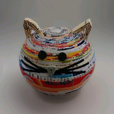 Vietnamese Handmade Round Coiled Paper Cat Trinket Box Decorative Multicolor