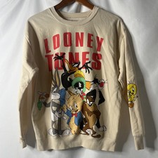 Looney Tunes M Pullover Crew Neck Sweatshirt Graphic Cream Bugs Sylvester Tweety