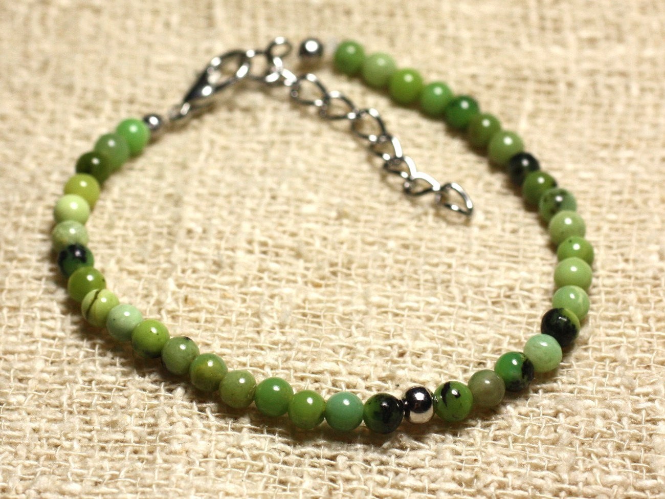 Bracelet en argent 925 et véritable chrysoprase verte 4mm de qualité joaillerie