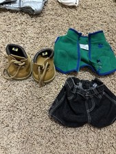Build A Bear Green Fleece Zipper Vest, Pants, Tan Laced Boots RARE Retired 39