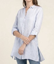 Tahari 100% Linen Tunic Shirt Womens L Blue Lagenlook Coastal Beach Oversized