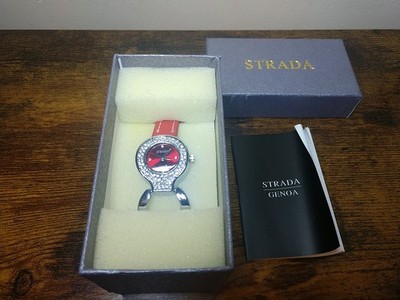 NEW STRADA Ladies Watch Fresh Battery Iced Dial Fun Red/White Band And Dial