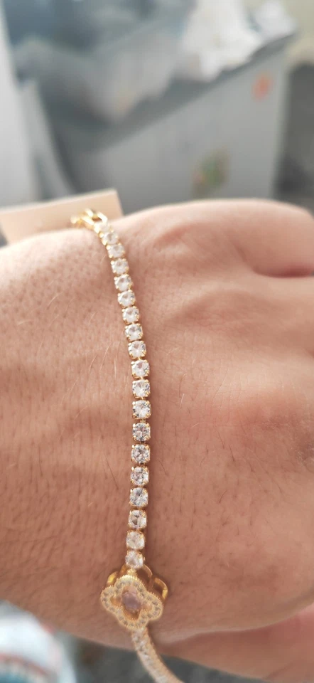 Brazalete Tenis Circonitas Chapado en Oro 18k con Trébol de Cuatro Hojas 16+3cm Ajustable Foto 2 de 4