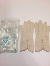 VTG Van Raalte Beige Cotton Sz6 Gloves Crocheted Edging 3 Buttons Logo Bag