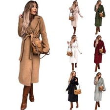 Autumn Winter Flip Collar Long sleeves Woolen Coat Windbreaker Strap Pure Color