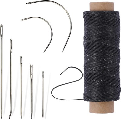 55Yards Waxed Thread with 7 Pcs Leather Needles for Hand Sewing 150D Black