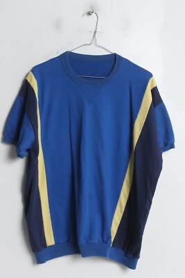 Vintage 90 s Short Sleeve Block Striped Sweatshirt - Blue - Size Small S (I55)