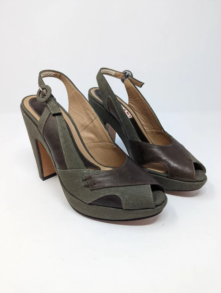 Zapatos de salón MARNI Slingback Peep Toe marrón verde EE. UU. 6,5 IT 36,5 tacones Foto 2 de 4