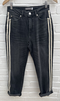 New Mint Velvet Jeans UK 8S Grey Stripe High Waist Relaxed L27