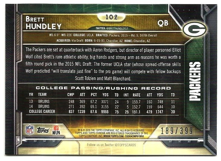 2015 TOPPS CHROME PINK - BRETT HUNDLEY ROOKIE #'D 189/399 - GREEN BAY PACKERS - Image 2 of 2