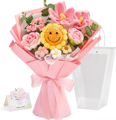 Crochet Flower Bouquet,Handmade Knitted Flowers,Pink Crochet Sunflower Bouquet,U
