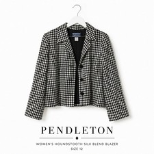 Pendleton Houndstooth Blazer Women's 12 Black White Silk Blend Lined Jacket