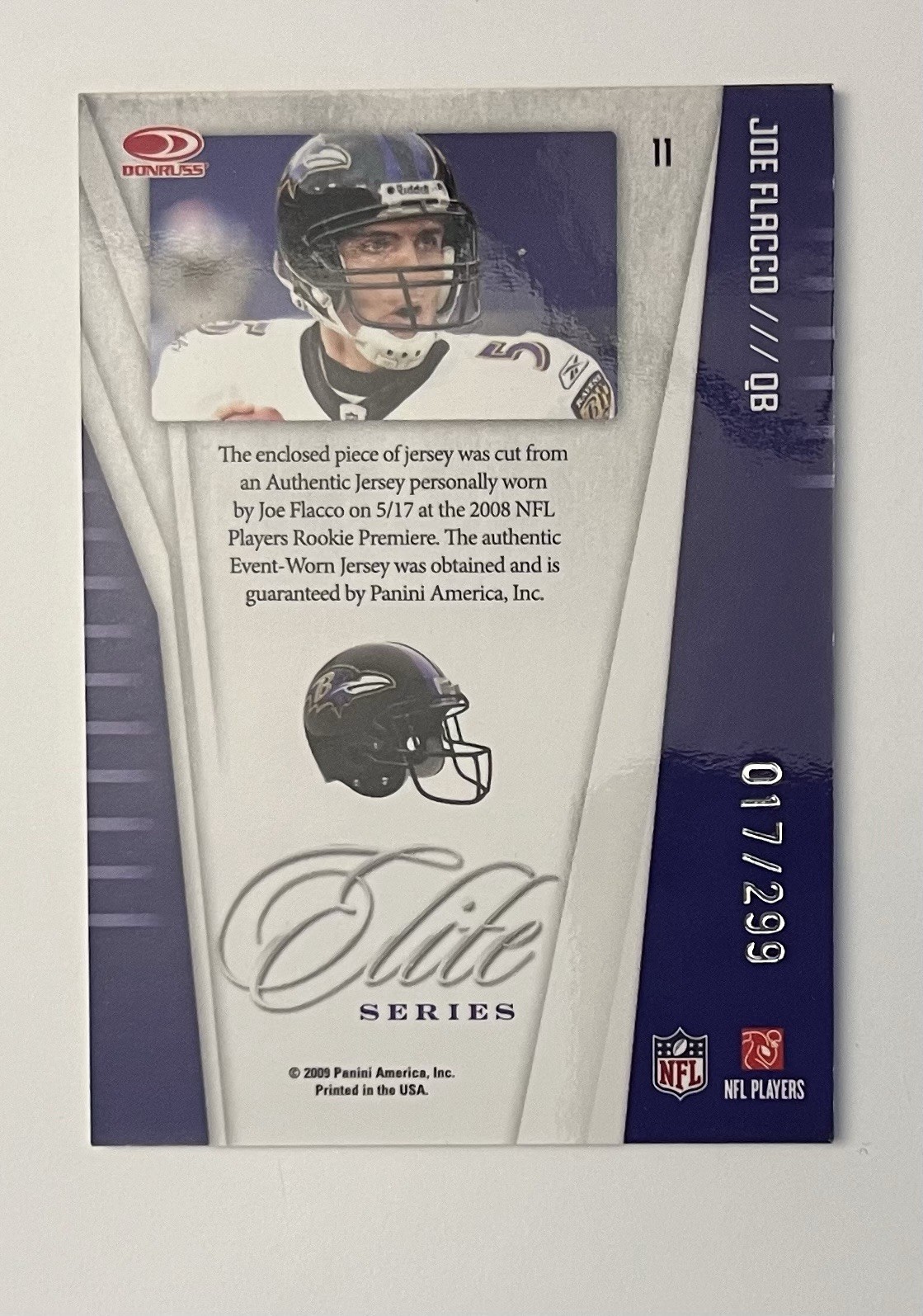 JOE FLACCO 2009 Donruss Elite Series Game Worn Used Jersey Card #11 - 017/299 view 2