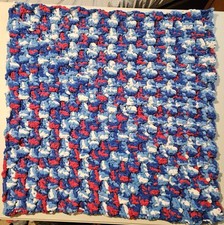 Handmade Chunky Crochet Blanket Red Blue White 27" Square Baby Toddler Or Accent