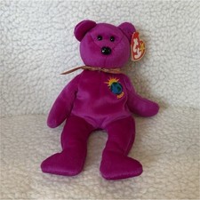 Ty Beanie Babies Millennium Bear 1999  Purple with Heart Tag & Embroidered Patch