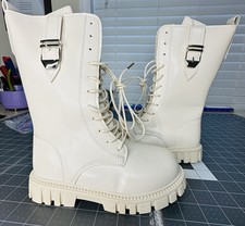 Kids Girls Chunky Combat Boots Cream Lace Up Side Zipper Buckle Youth EU 32