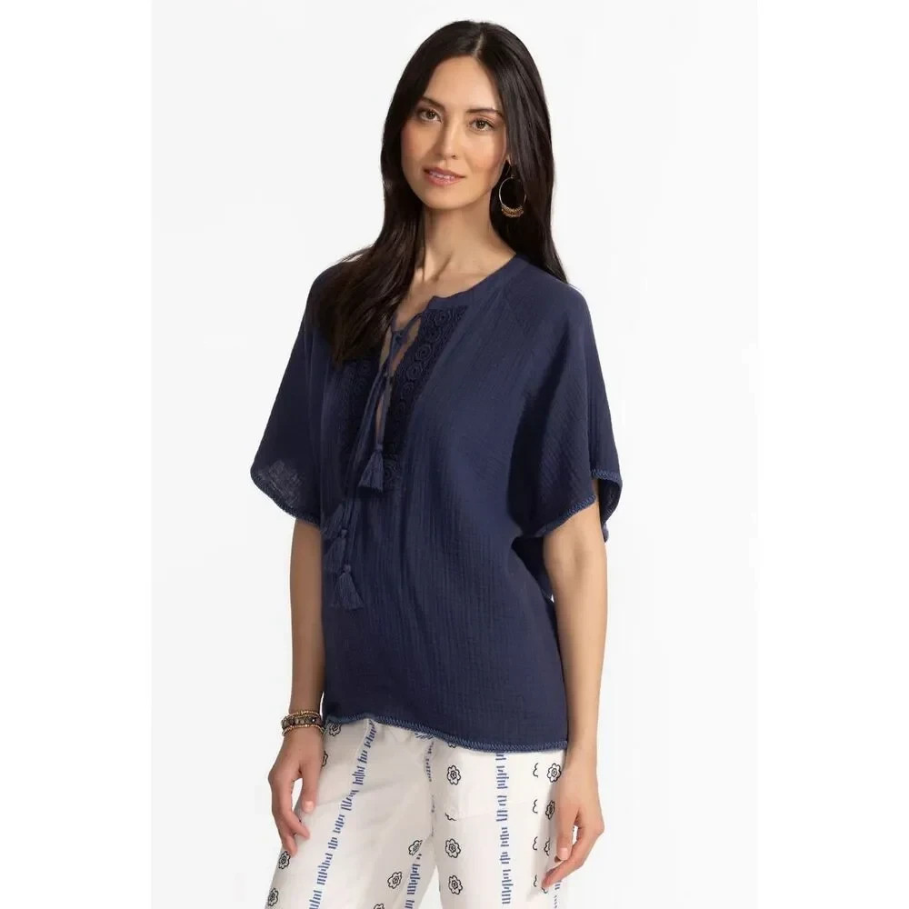Johnny Was Calme Blue-Nights Top M B54" fit XL,1X? Cotton Gauze,Whipstitch Edges image 2